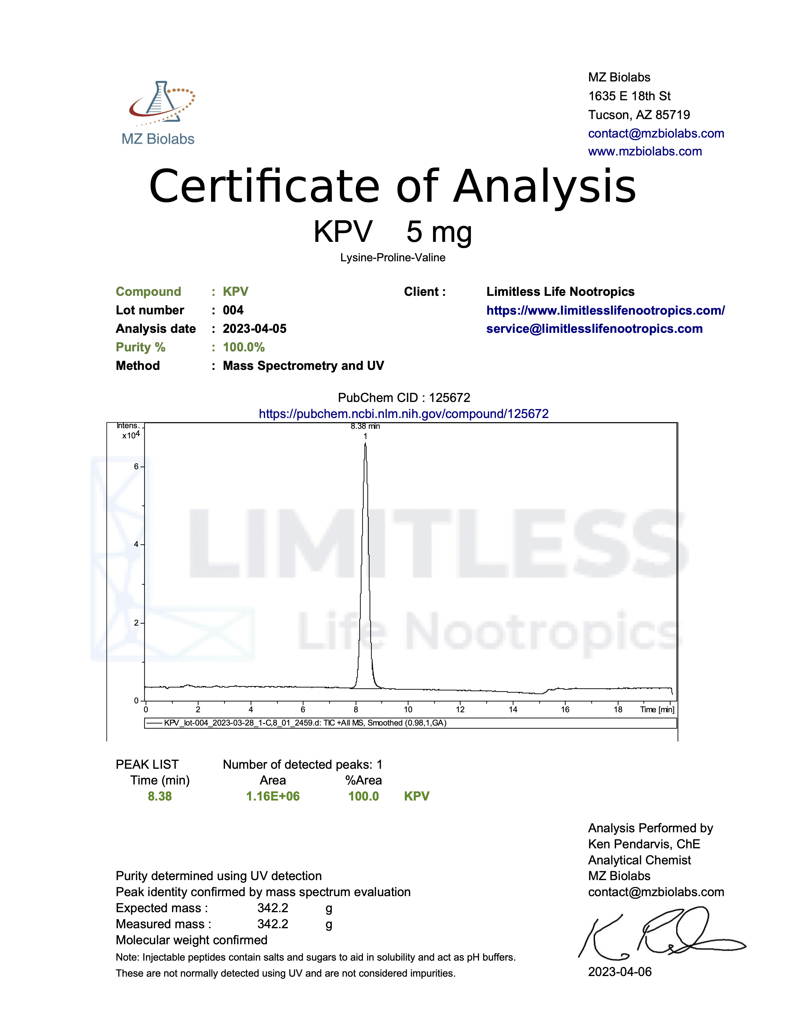 Certificate of Analysis for KPV 5 mg