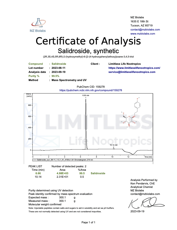 Certificate of Analysis for Salidroside Synthetic