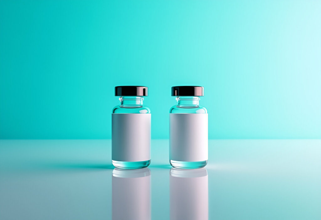 Two peptide vials side by side against a turquoise background