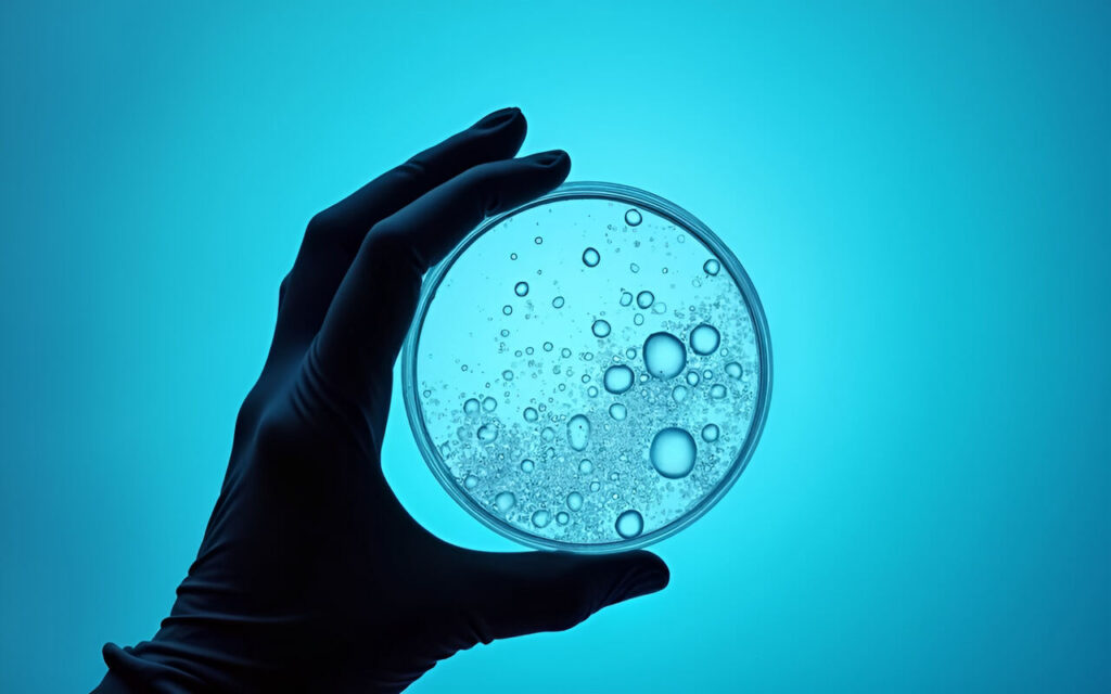 A gloved hand holding a petri dish with endotoxins against a blue background