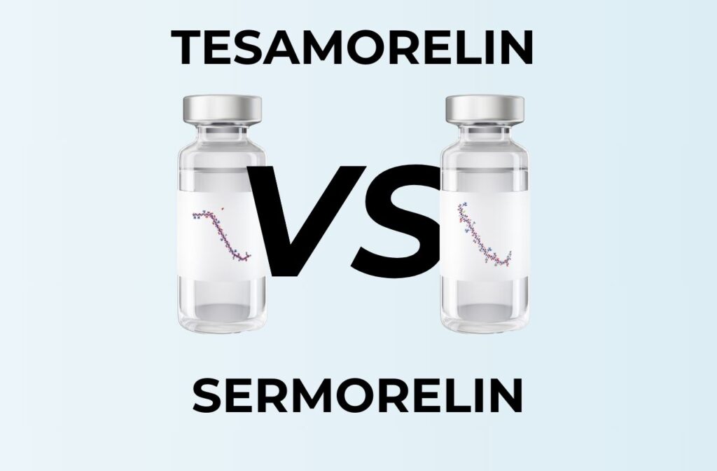 Featured image of two peptide vials with large text "Tesamorelin vs Sermorelin"