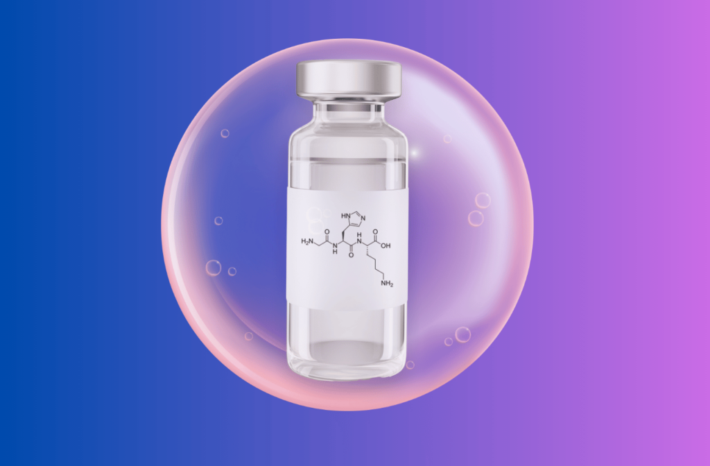 Featured image of a peptide vial and collagen bubble with the molecular formula for GHK-Cu on the label