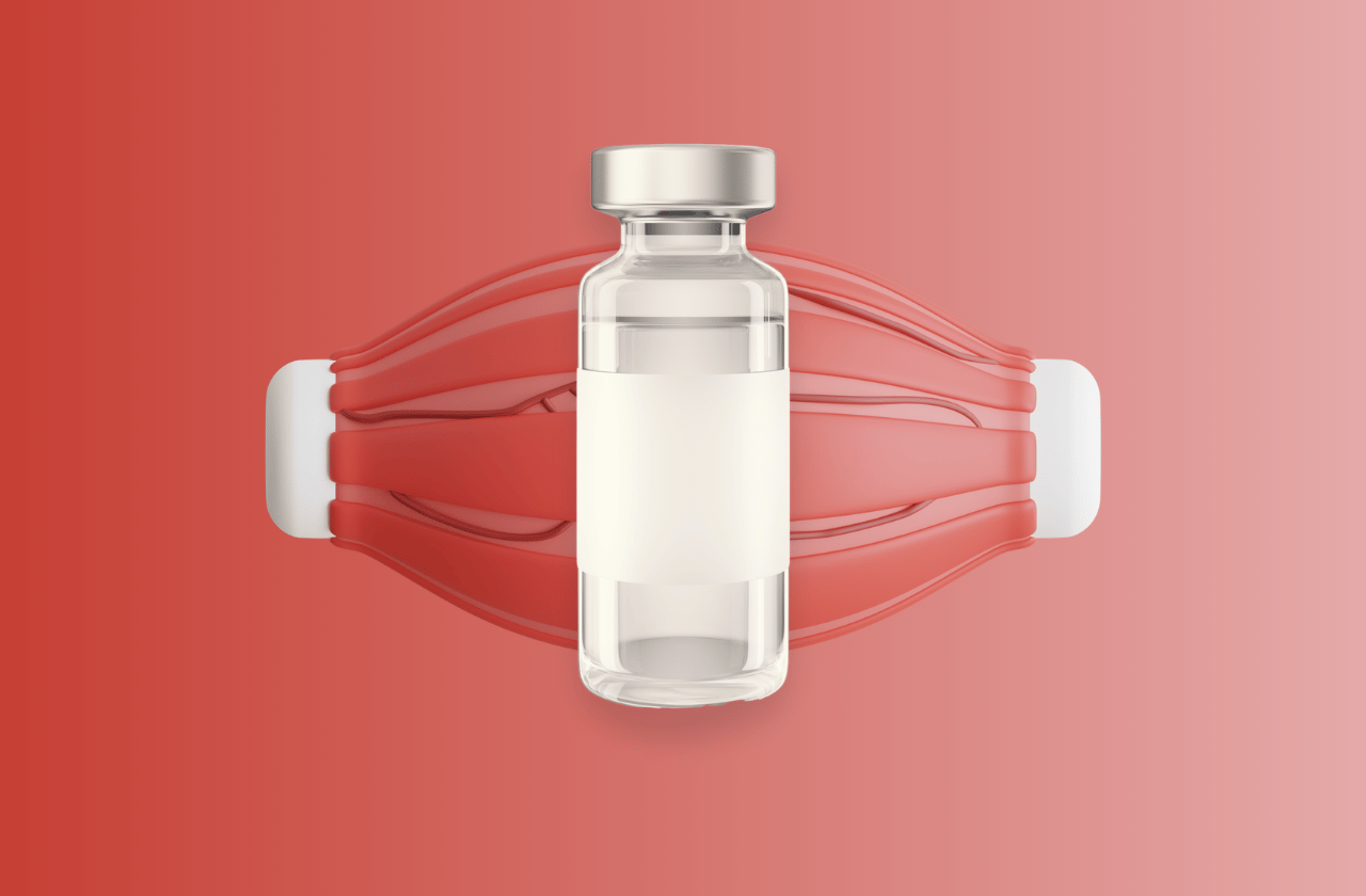 Glass peptide vial centered against a red background with a stylized semi-transparent muscle fiber diagram behind it